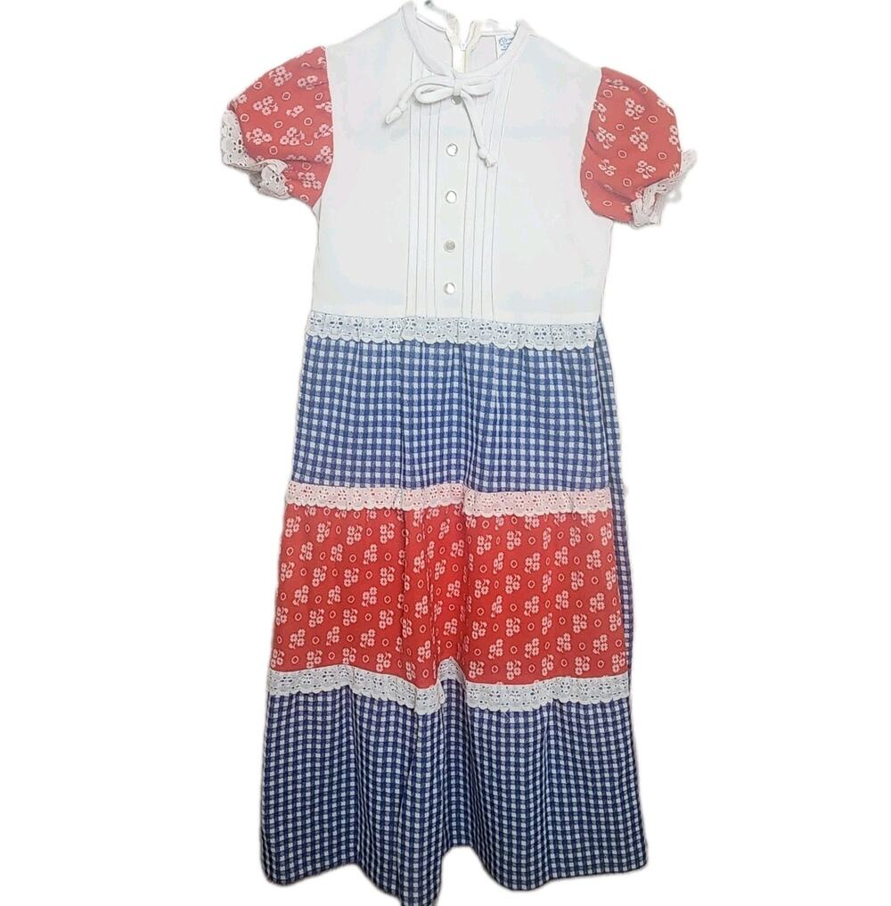 1970s Girls Vintage Americana Prairie Lace Ruffle Maxi Dress No Size Tag